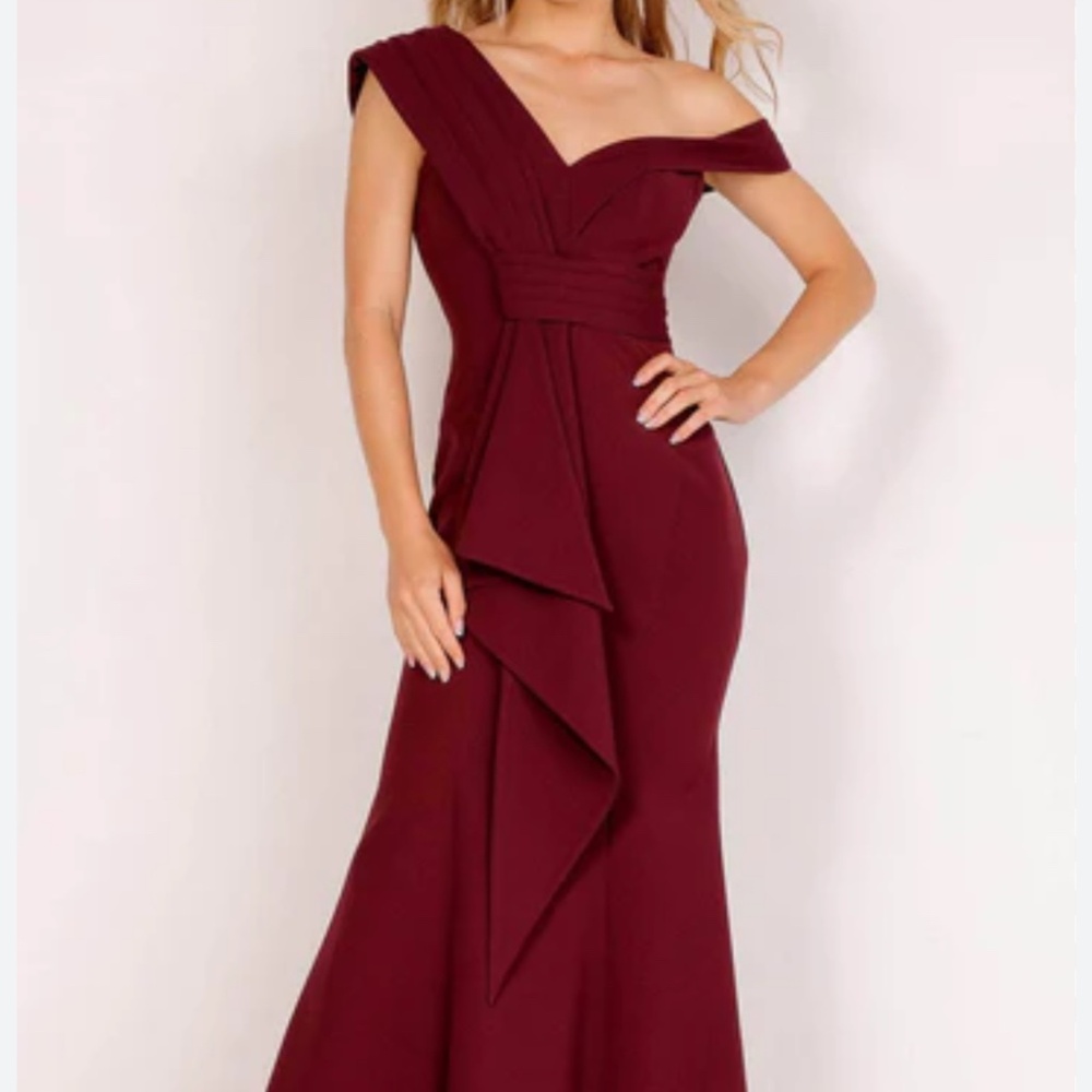 Couture Asymmetrical Mermaid Bow Accented Dress, Burgundy S